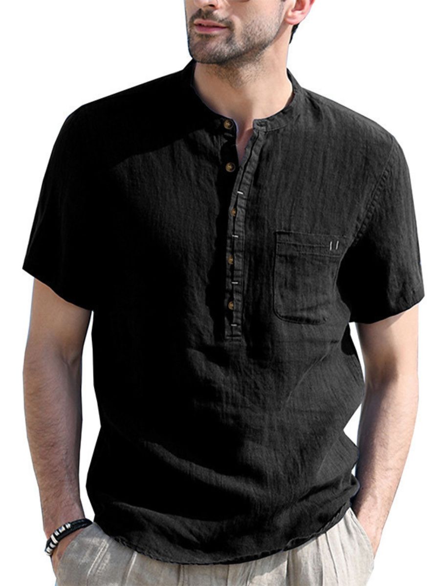 Cotton-linen Short Sleeve Henley Shirt