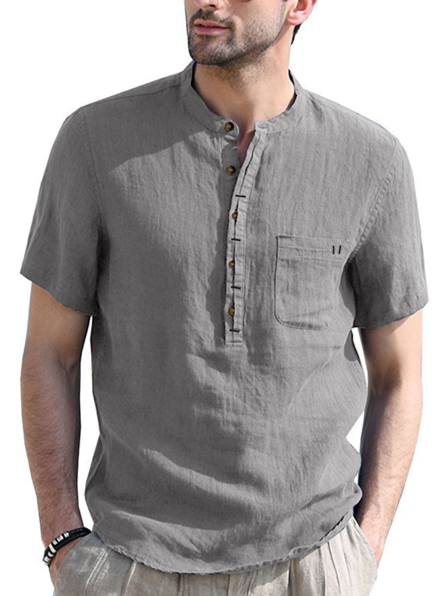 Cotton-linen Short Sleeve Henley Shirt