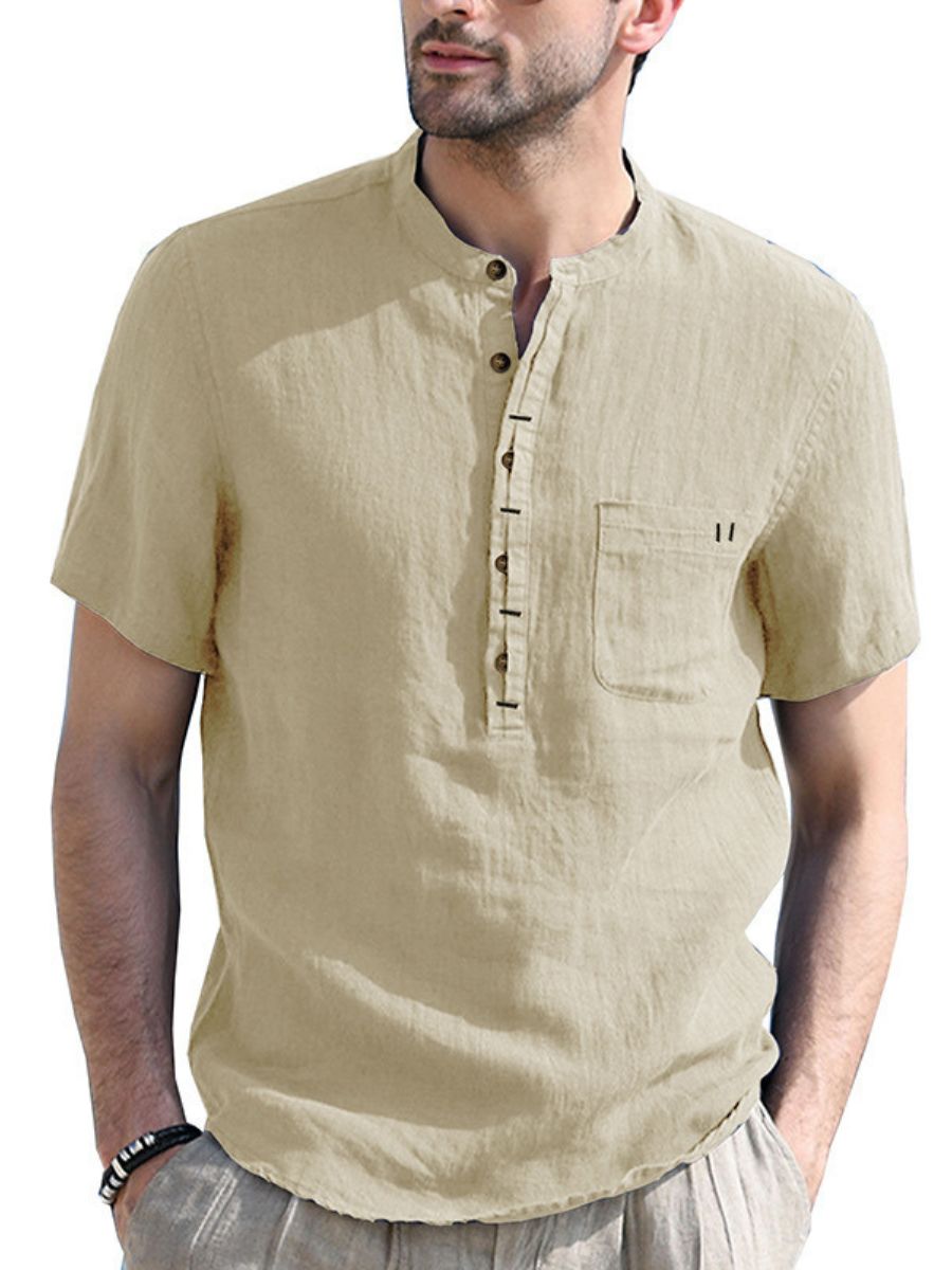 Cotton-linen Short Sleeve Henley Shirt