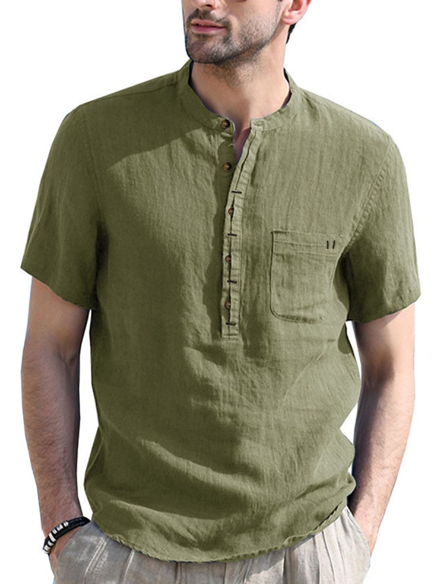 Cotton-linen Short Sleeve Henley Shirt