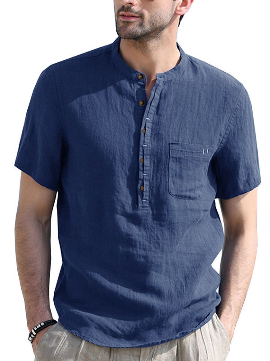 Cotton-linen Short Sleeve Henley Shirt
