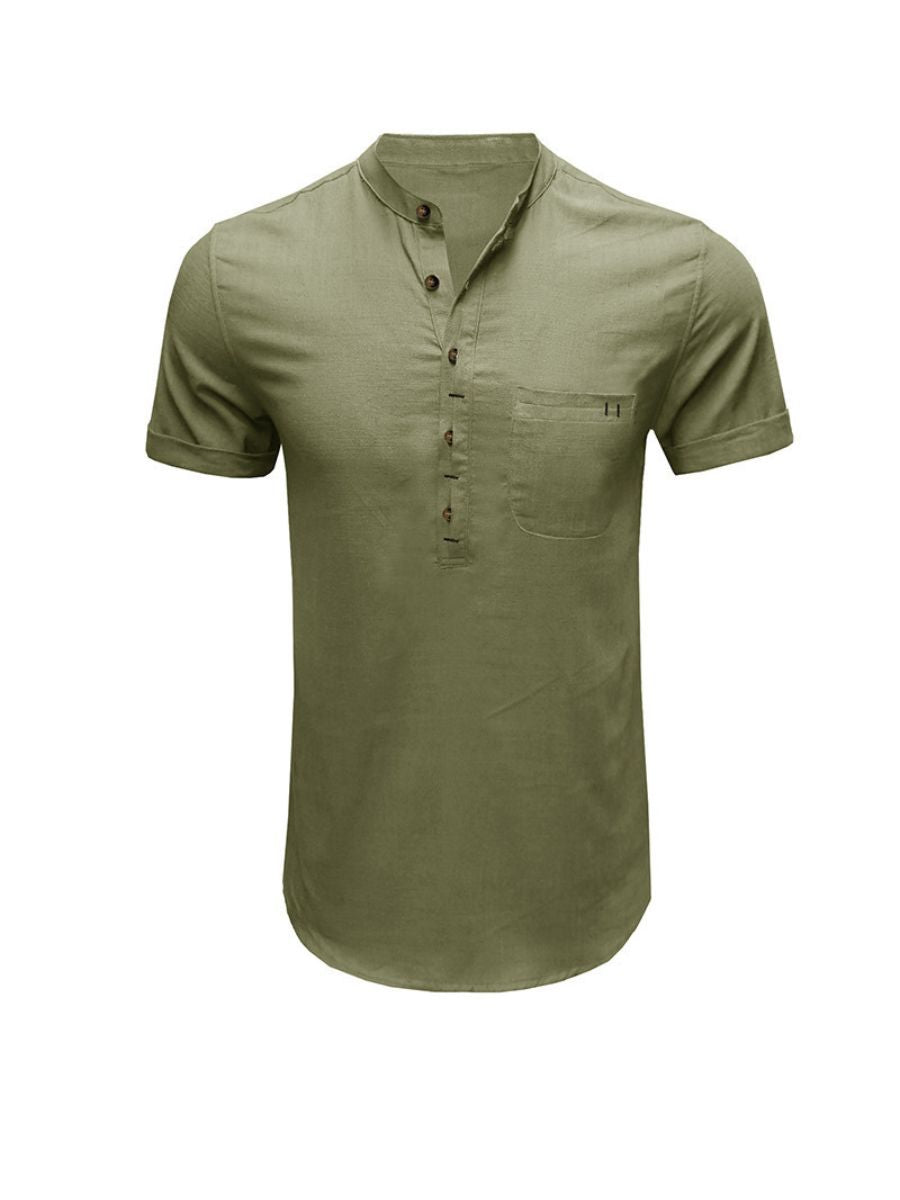 Cotton-linen Short Sleeve Henley Shirt