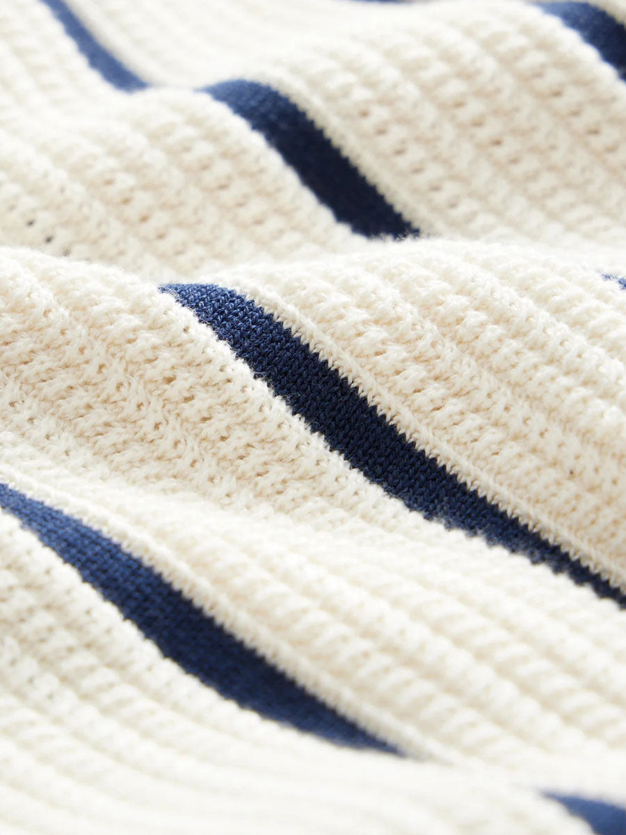 White Striped Knit Short Sleeve Polo