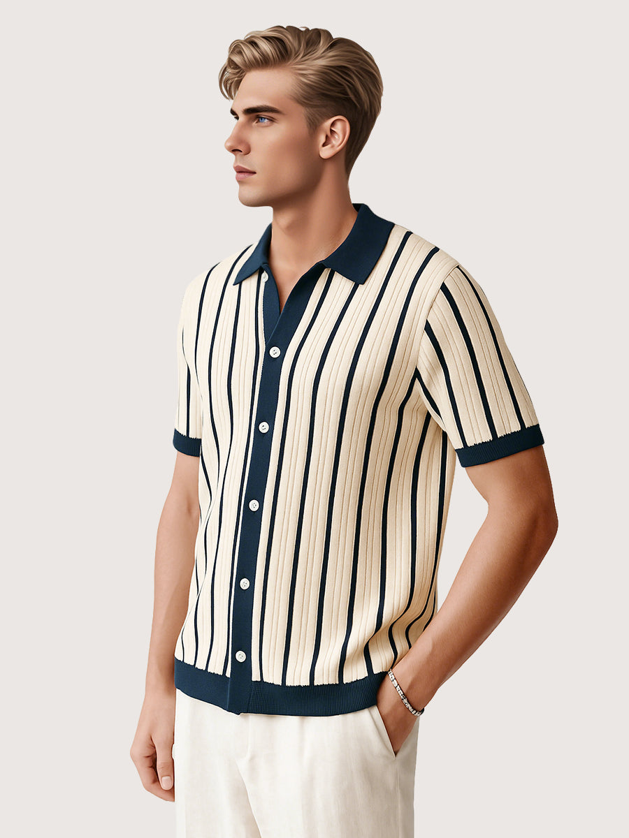 White Striped Knit Short Sleeve Polo