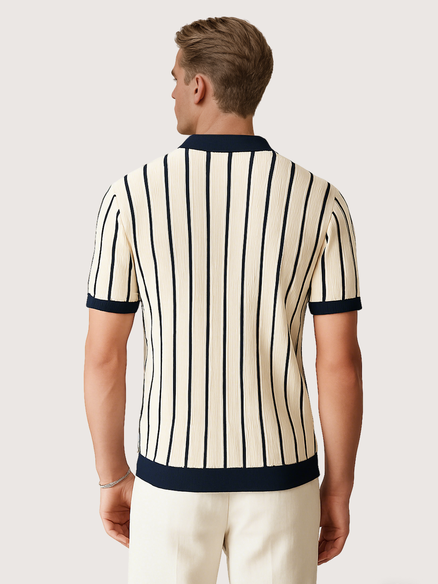White Striped Knit Short Sleeve Polo