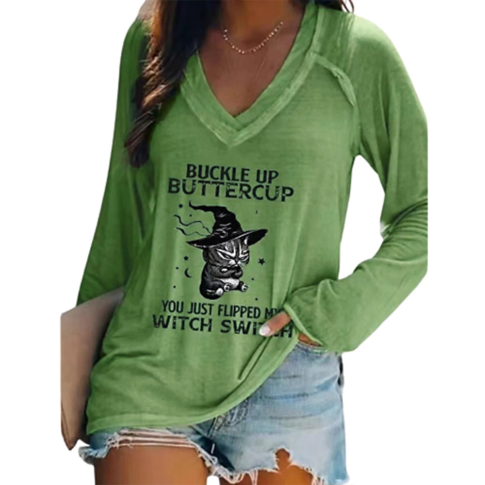 Letter and Cat Witch Print V Neck Long Sleeve T-Shirt