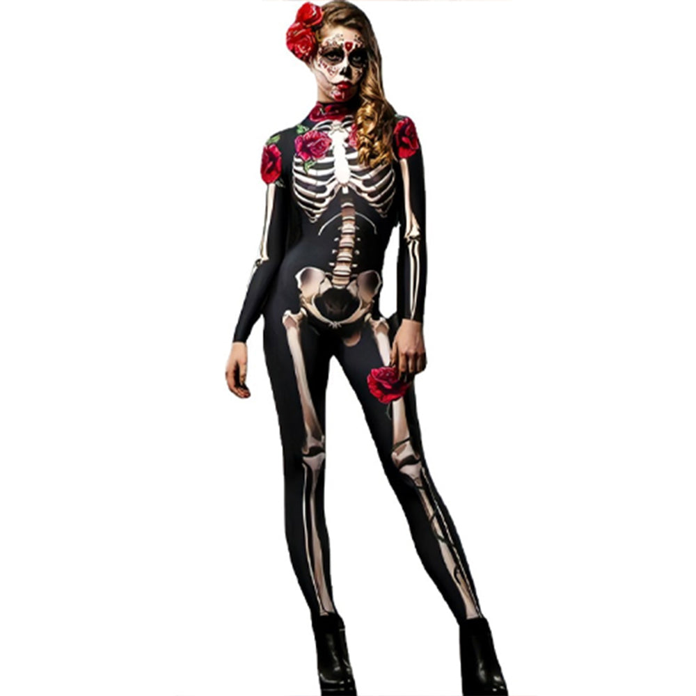 Halloween Cosplay Costume Skeleton Rose Print Jumpsuit for Child and Aldult