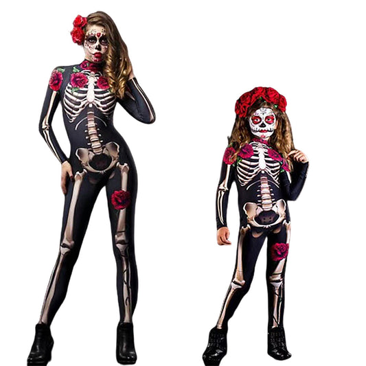 Halloween Cosplay Costume Skeleton Rose Print Jumpsuit for Child and Aldult