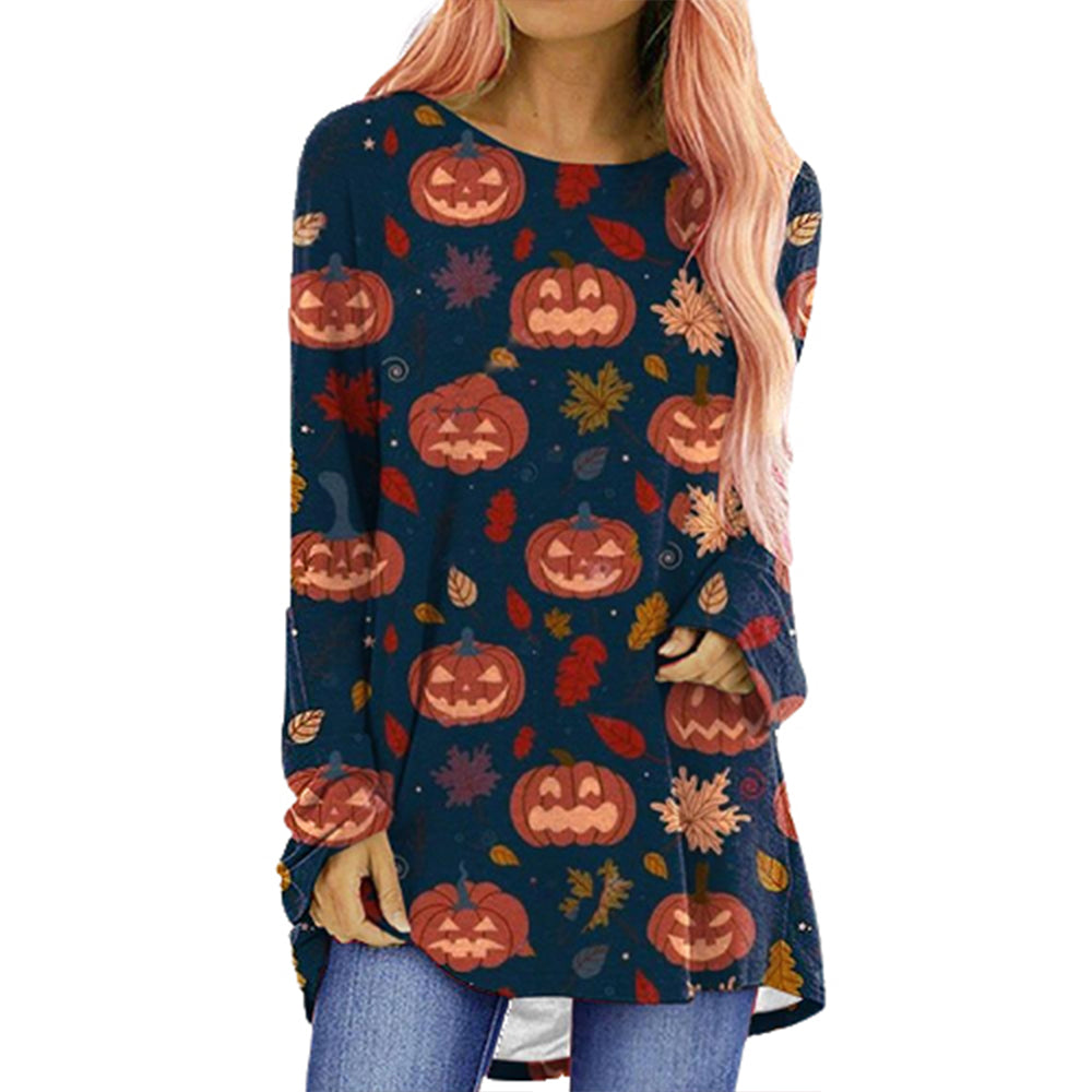 Halloween Print Round Neck Long Sleeve T-Shirt