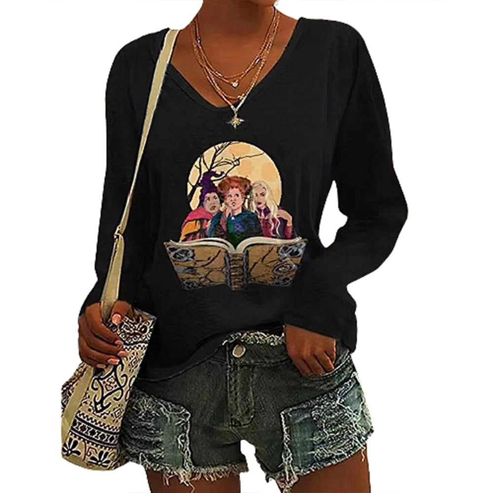 Halloween Witch V Neck Long Sleeve T-Shirt