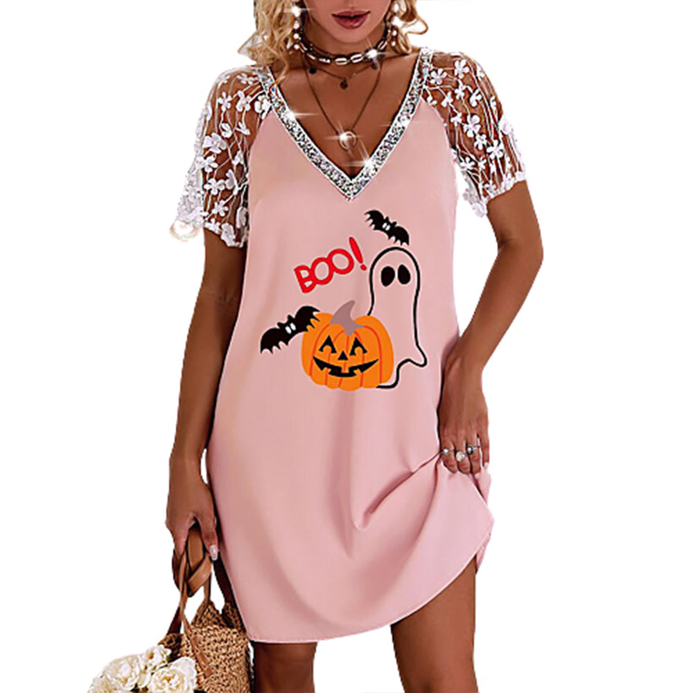 Halloween Pumpkin and Ghost Print V Neck Contrast Lace Short Sleeve Dress