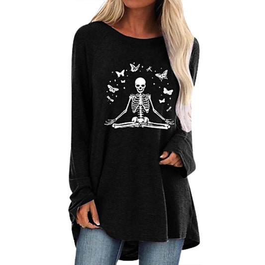 Skeleton and Butterfly Print Round Neck Long Sleeve Tee