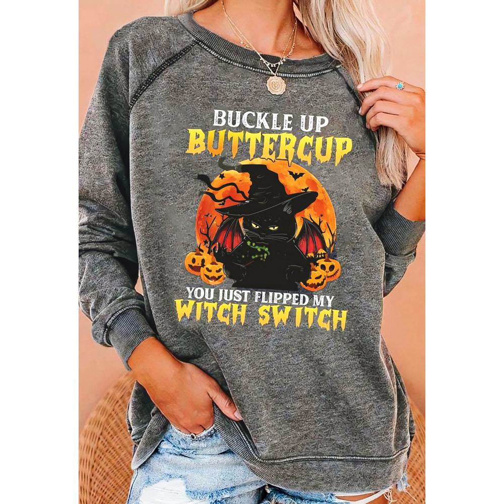 Halloween Cat Witch and Letter Print Crewneck Long Sleeve Sweatshirt