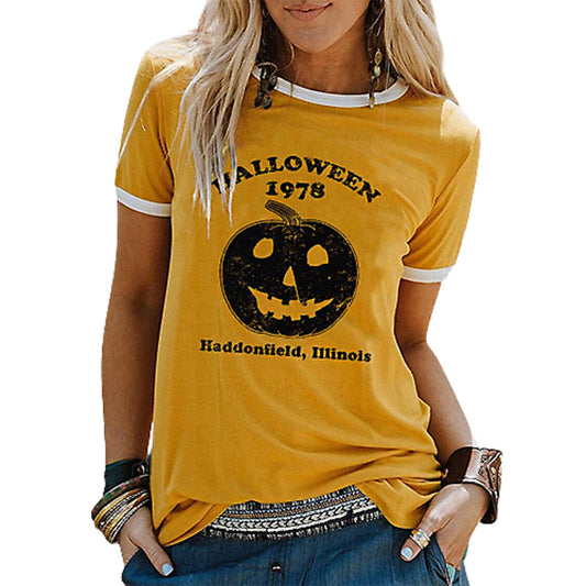 Halloween 1978 and Pumpkin Print Contrast Trim Crewneck Short Sleeve Tee