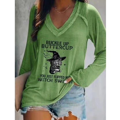 Letter and Cat Witch Print V Neck Long Sleeve T-Shirt