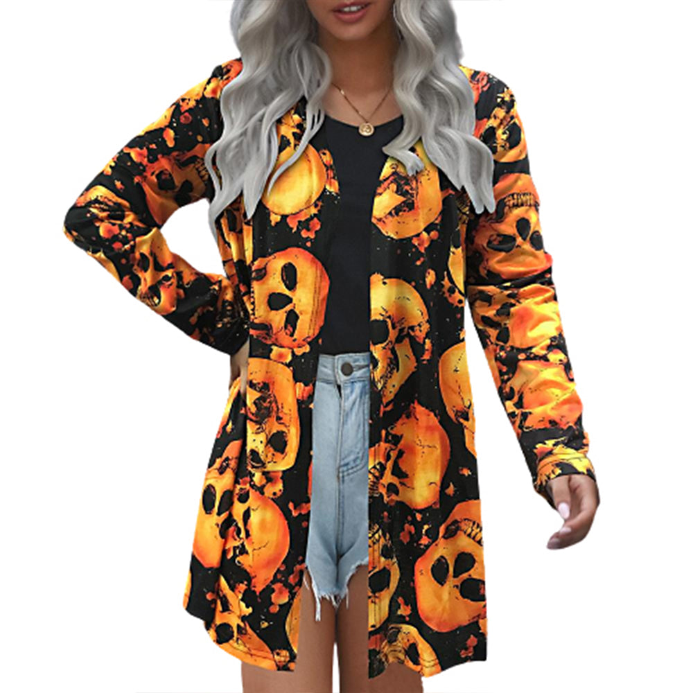 Halloween Allover Print Open Front Long Sleeve Coat