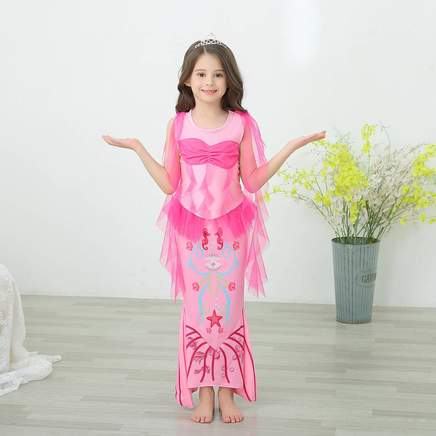 Kids Mermaid Ariel Pink Dress Mermaid Tail Wig Headband Accessories Girls Princess Full Set Costume