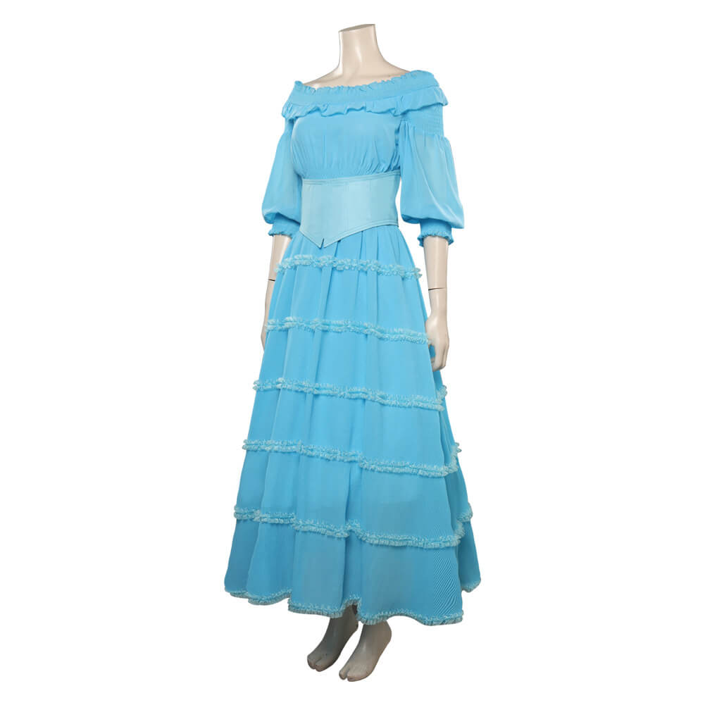 Adult Blue Ruffle Dress With Tiered Sleeves Mermaid Dress and Wig for Halloween Cosplay