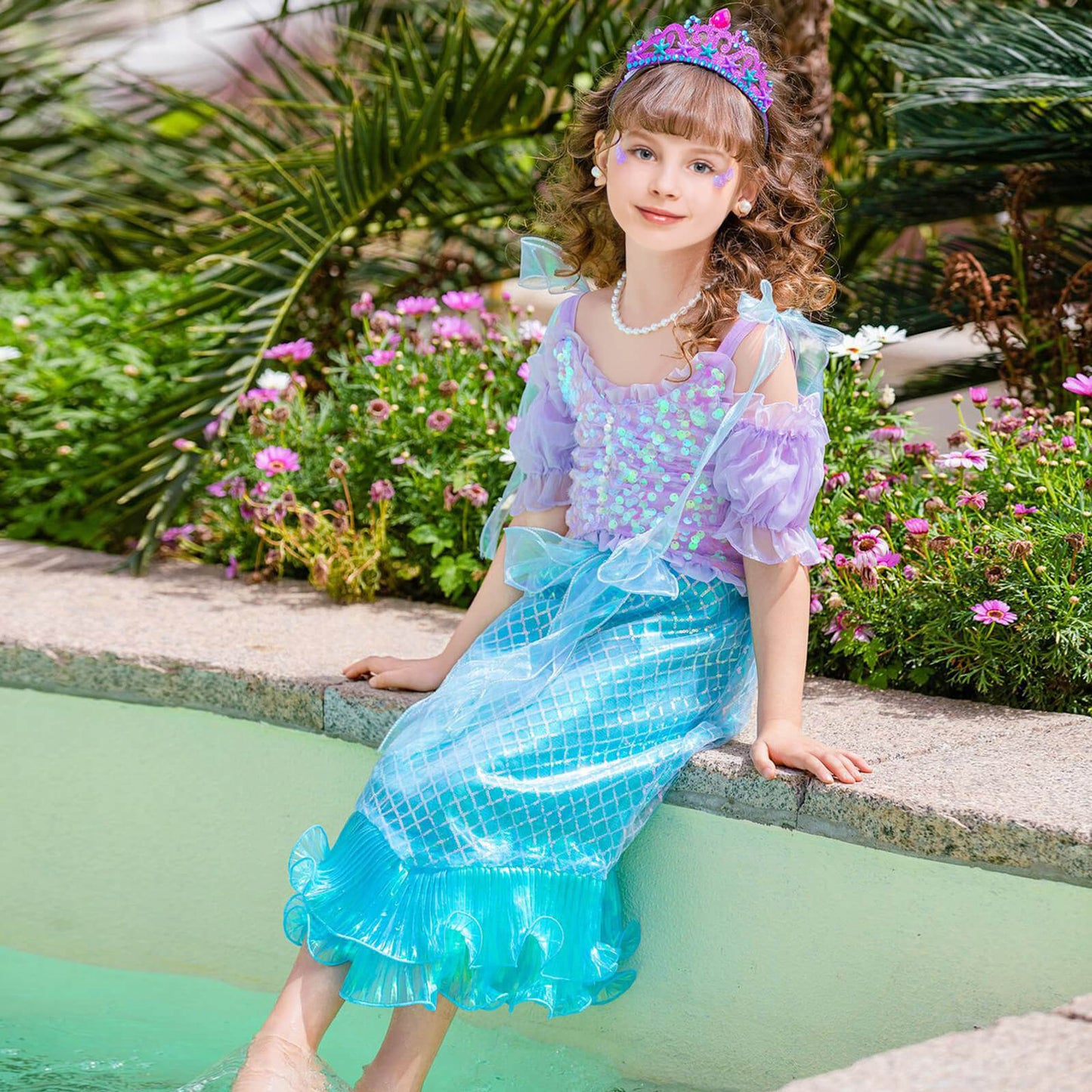 Mermaid Costume For Girls Ariel Dress Off-shoulder Top Mermaid Tail Skirt and Accessories for Kids 2-8 Years