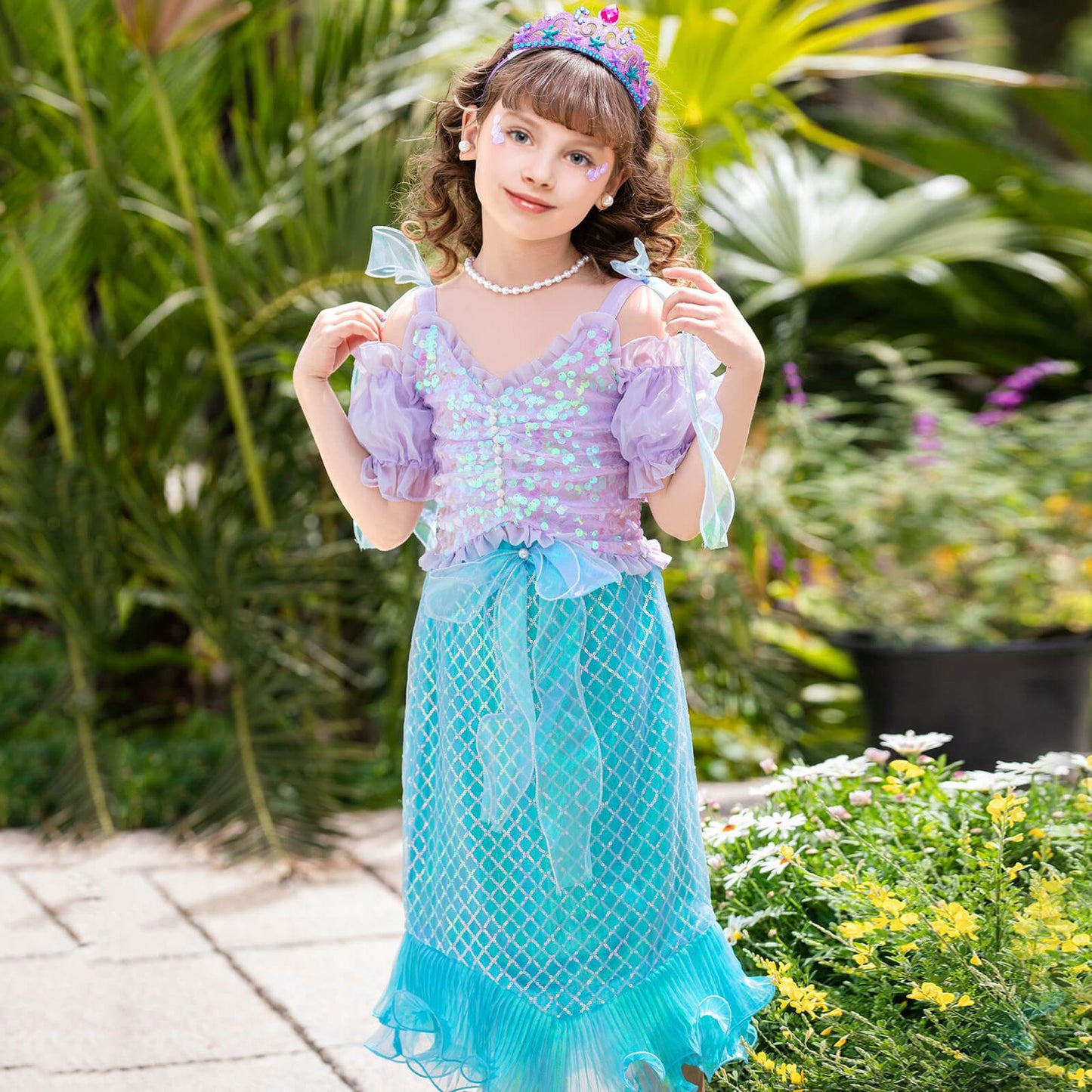 Mermaid Costume For Girls Ariel Dress Off-shoulder Top Mermaid Tail Skirt and Accessories for Kids 2-8 Years