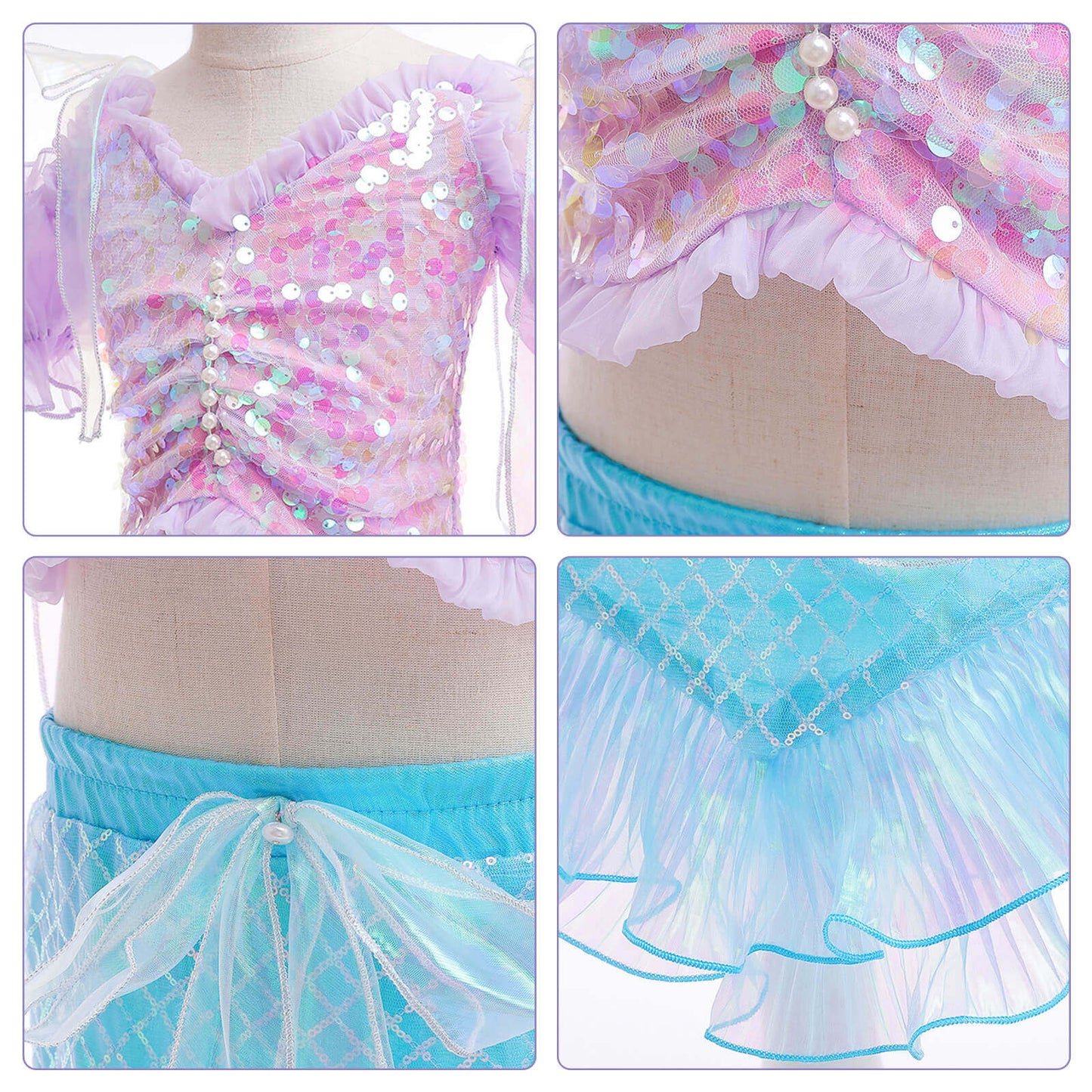 Mermaid Costume For Girls Ariel Dress Off-shoulder Top Mermaid Tail Skirt and Accessories for Kids 2-8 Years