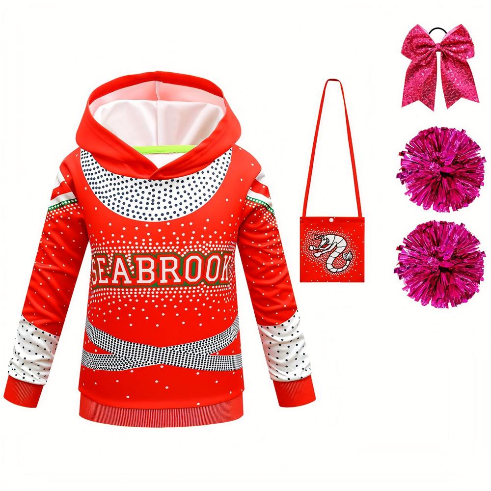 Girls Cheerleader Cosplay Costume Long Sleeve Hoodie and Bag Poms Headwear Suit