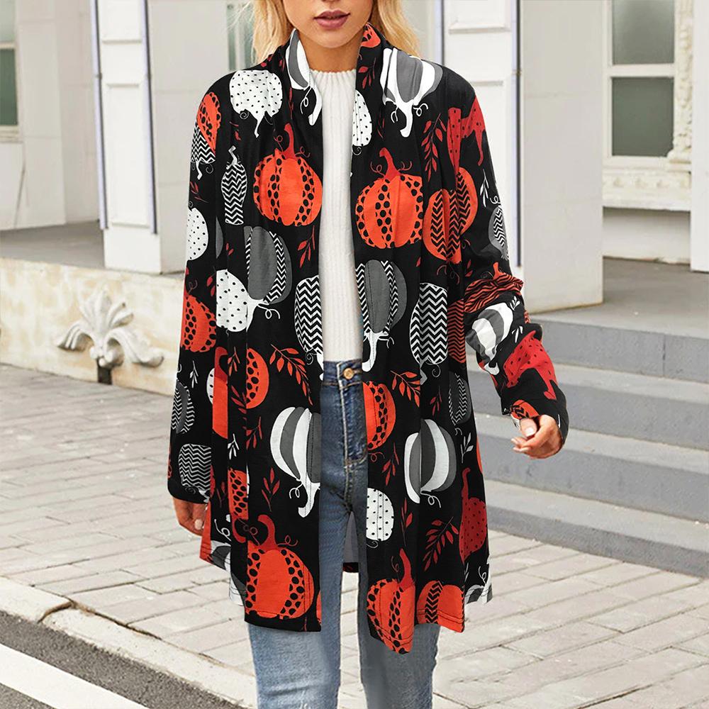 Halloween Allover Print Open Front Long Sleeve Coat