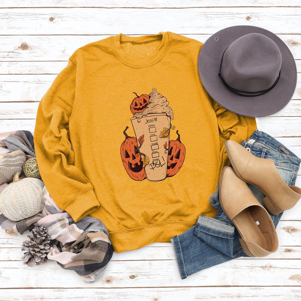 Pumpkin and Ice Cream Print Round Neck Long Sleeve Sweatshirt