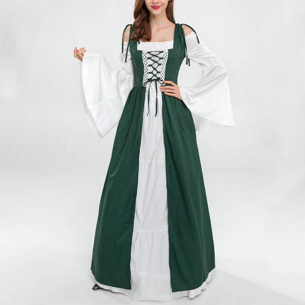 Vintage Cosplay Dress Lace Up Renaissance Flounce Sleeve Maxi Dress Costume