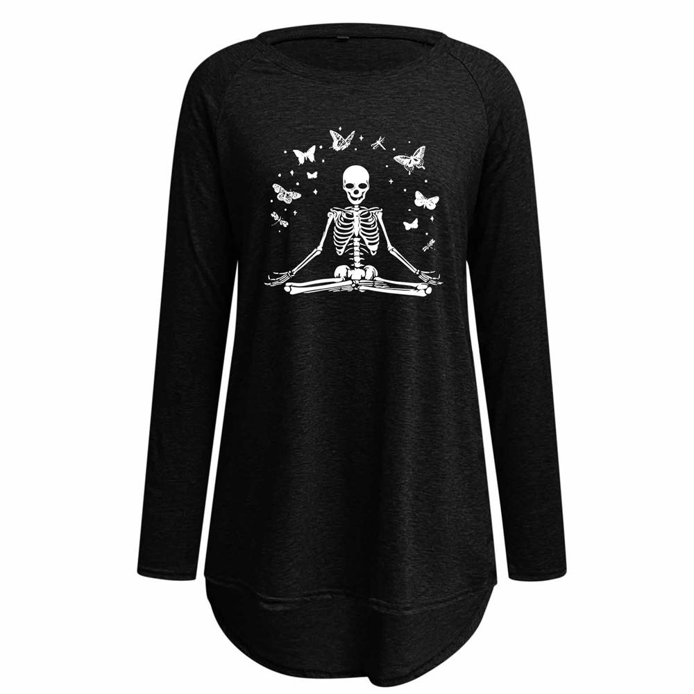 Skeleton and Butterfly Print Round Neck Long Sleeve Tee