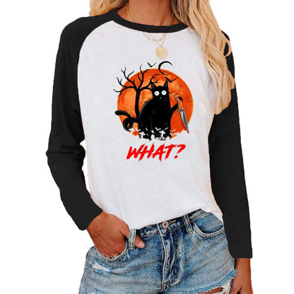 Halloween Black Cat Print Crewneck Long Sleeve T-Shirt