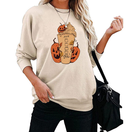 Pumpkin and Ice Cream Print Round Neck Long Sleeve Sweatshirt