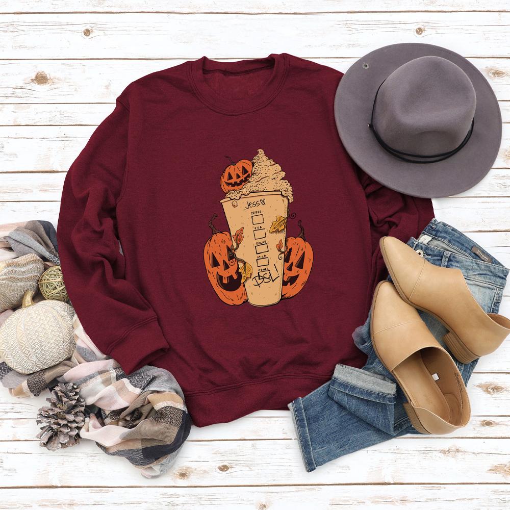 Pumpkin and Ice Cream Print Round Neck Long Sleeve Sweatshirt