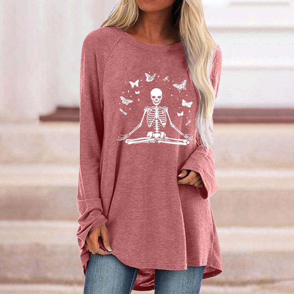 Skeleton and Butterfly Print Round Neck Long Sleeve Tee