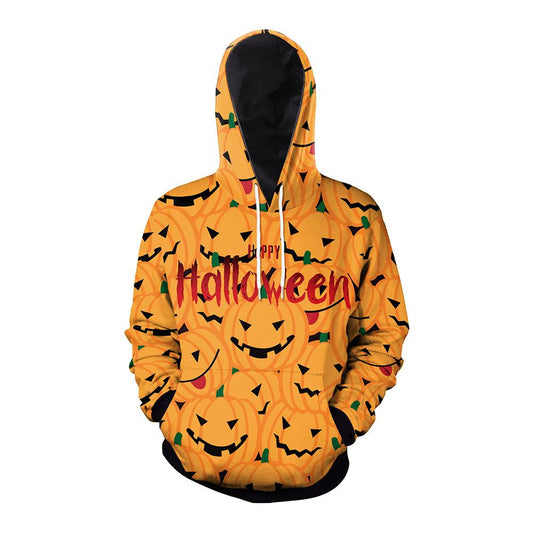 Halloween Pumpkin & Demon Print Kangaroo Pocket Drawstring Hoodie