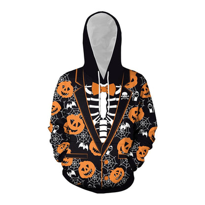 Halloween Pumpkin & Skeleton Print Kangaroo Pocket Drawstring Hoodie