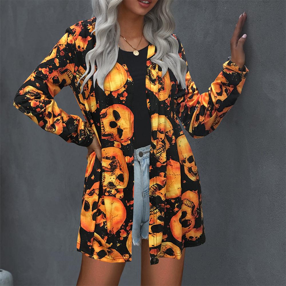 Halloween Allover Print Open Front Long Sleeve Coat