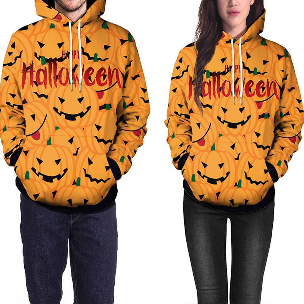 Halloween Pumpkin & Demon Print Kangaroo Pocket Drawstring Hoodie