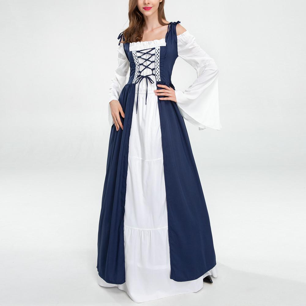 Vintage Cosplay Dress Lace Up Renaissance Flounce Sleeve Maxi Dress Costume