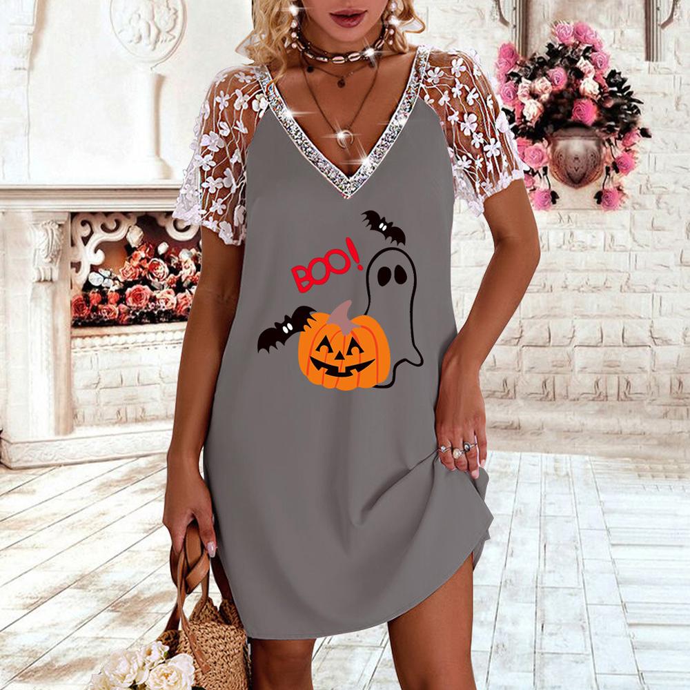 Halloween Pumpkin and Ghost Print V Neck Contrast Lace Short Sleeve Dress