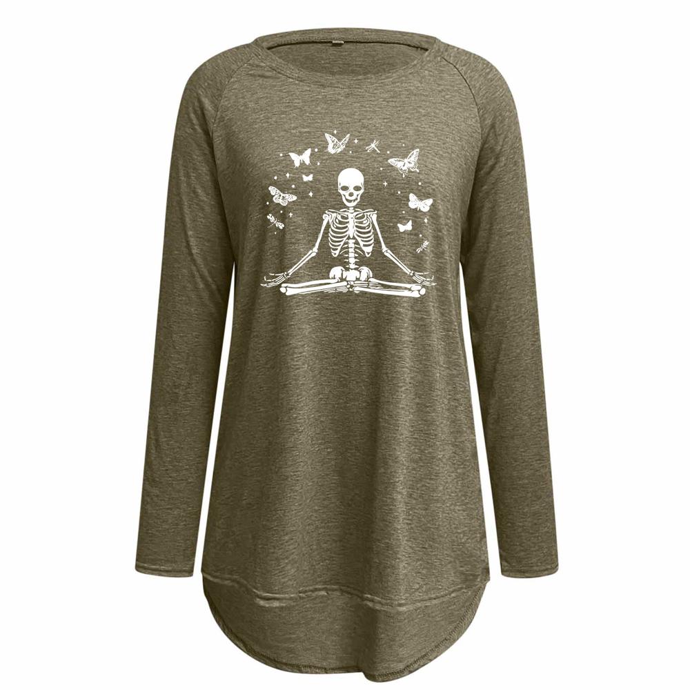 Skeleton and Butterfly Print Round Neck Long Sleeve Tee