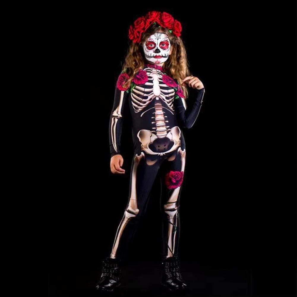 Halloween Cosplay Costume Skeleton Rose Print Jumpsuit for Child and Aldult