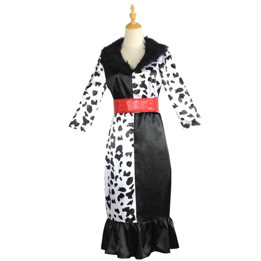 Dalmatian Print Overcoat Cosplay Costume Black White Dress Glove Cape Full Set