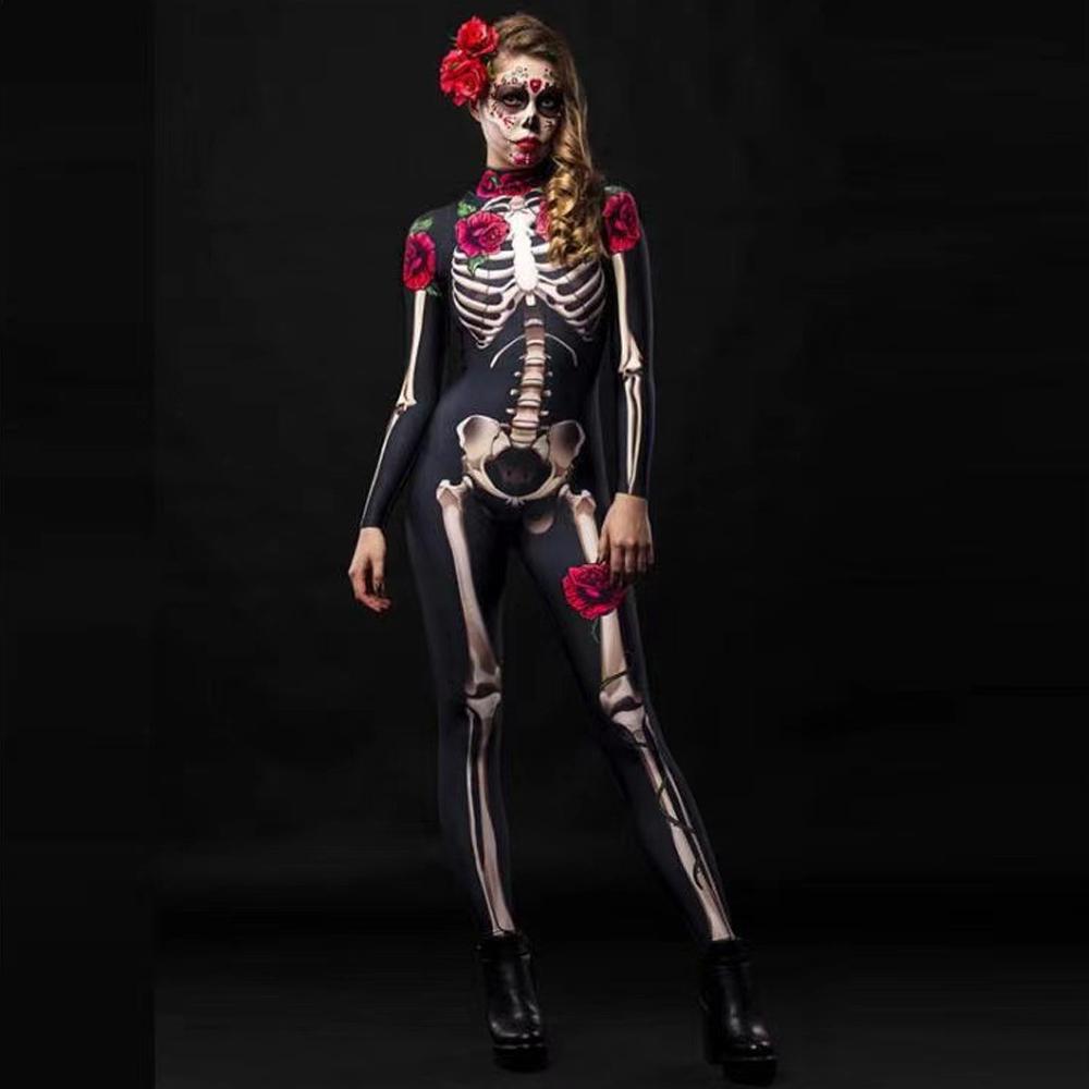 Halloween Cosplay Costume Skeleton Rose Print Jumpsuit for Child and Aldult