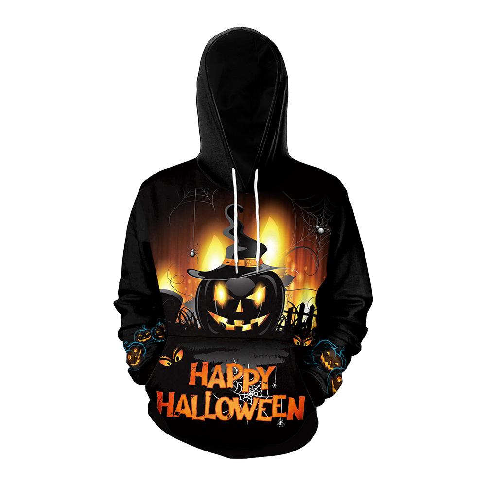 Halloween Pumpkin & Demon Print Kangaroo Pocket Drawstring Hoodie