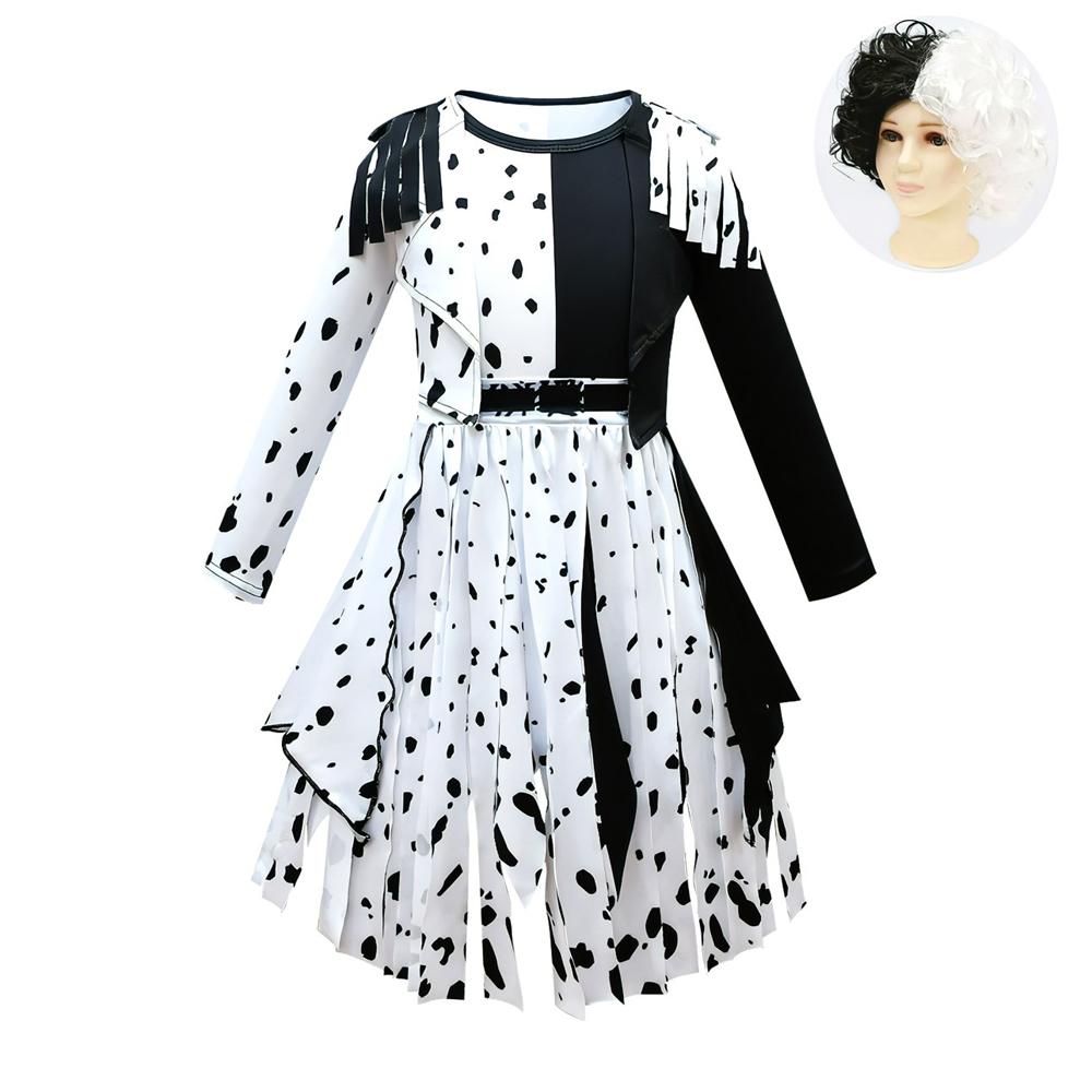 Girls White/Black Tassel Dress Colorblock Dalmatian Print Costume for Cosplay