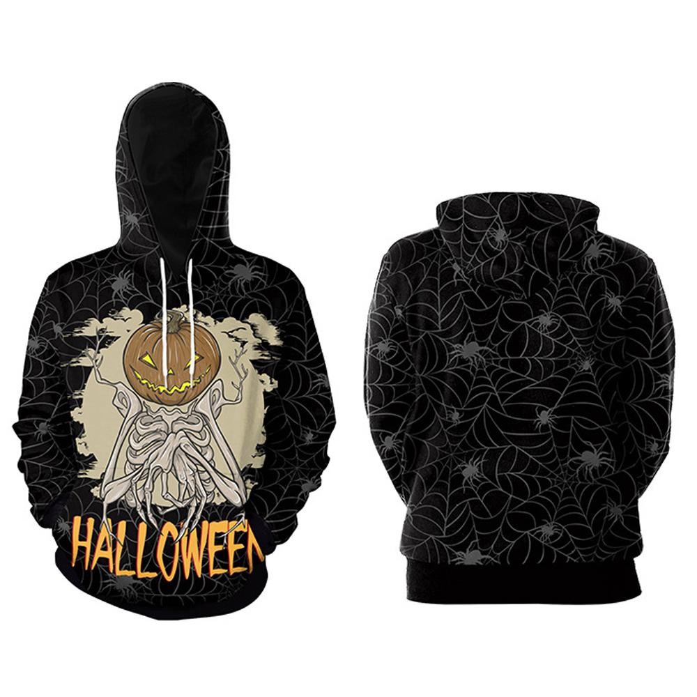 Halloween Pumpkin & Demon Print Kangaroo Pocket Drawstring Hoodie