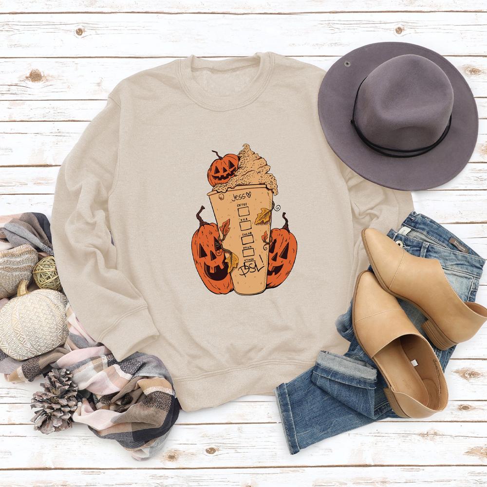 Pumpkin and Ice Cream Print Round Neck Long Sleeve Sweatshirt