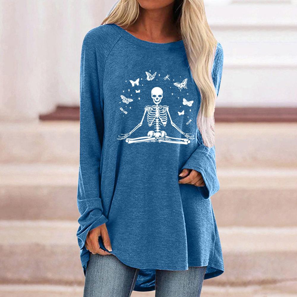 Skeleton and Butterfly Print Round Neck Long Sleeve Tee