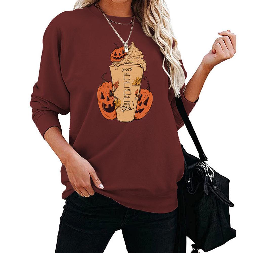 Pumpkin and Ice Cream Print Round Neck Long Sleeve Sweatshirt